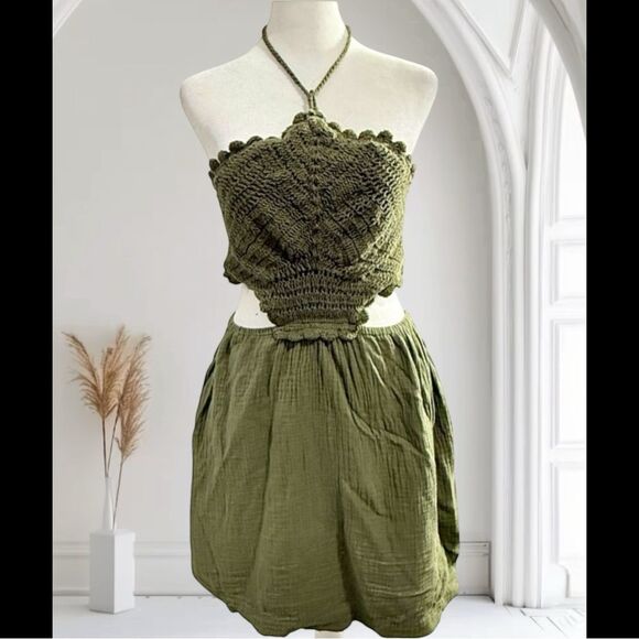 Aerie Pool To Party Boho Olive Green Crochet Halter Mini Cottagecore Dress Sz M - Picture 2 of 11